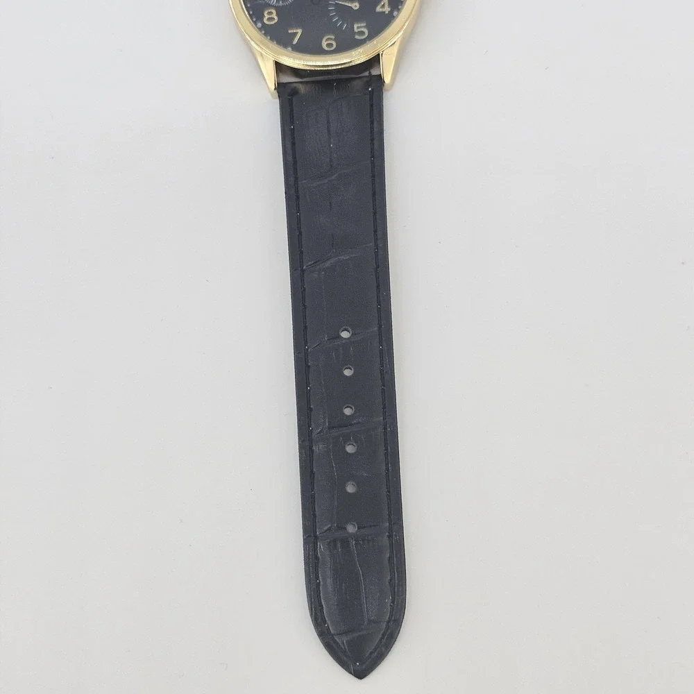 Men's Analog Watch 38MM Black Dial Black Faux Leather Bands New Battery
